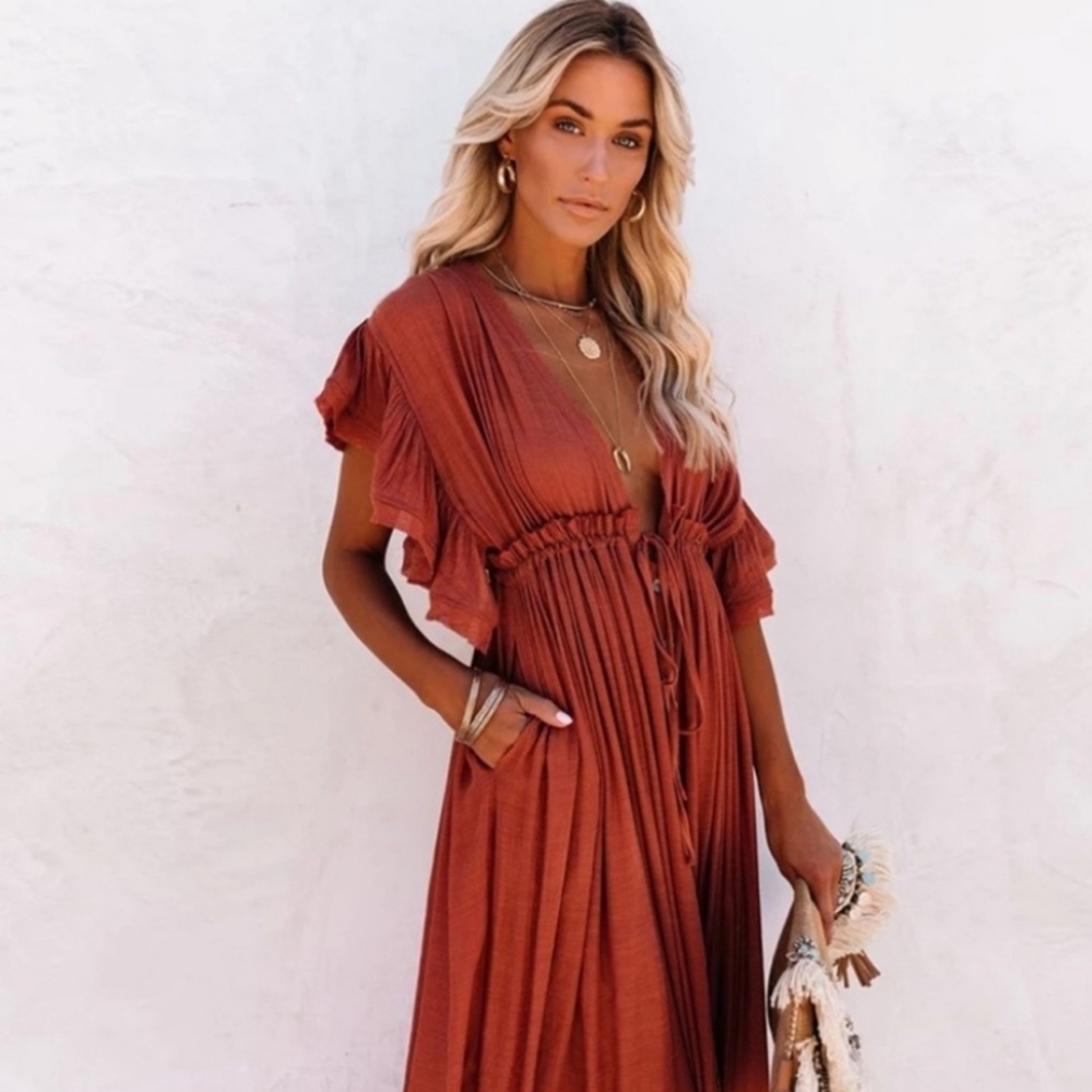 NEW Boho Chic Maxi Deep Plunge Cover Up Dress Gauze Rust Copper Red Orange - Picture 4 of 13